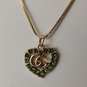 GG Heart Zipper Pull Charm Gold Light Green Rhinestone